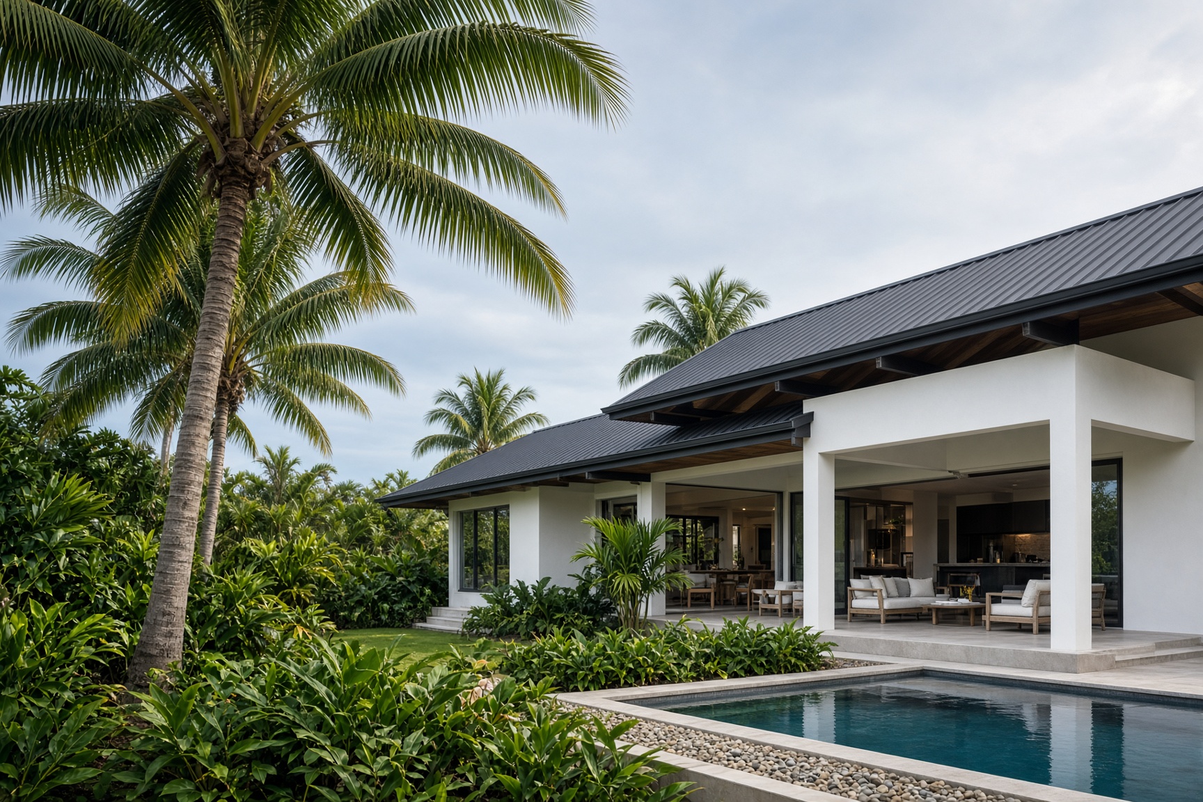 Palm Cove beach house with a charcoal Colorbond roof, palms and pool