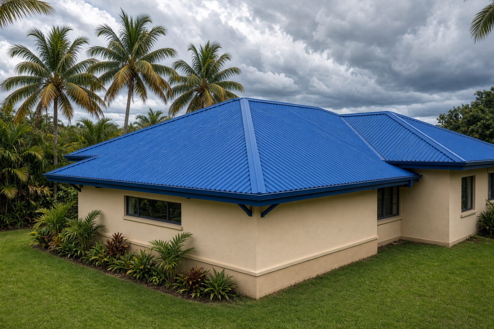 Royal-blue Colorbond corrugated roof on a cream rendered house in Trinity Beach