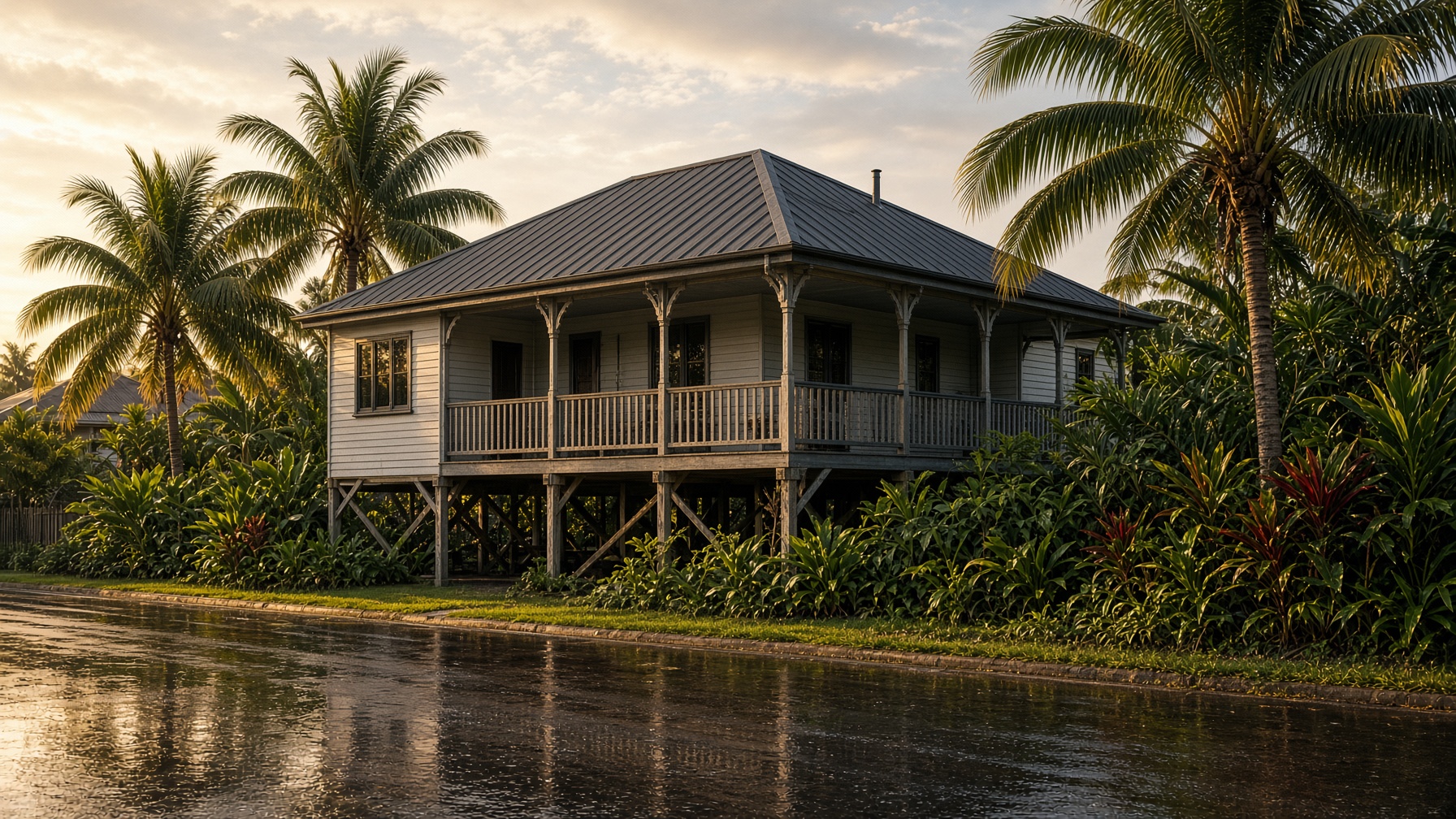 High-set Holloways Beach Queenslander with a charcoal Colorbond Trimdek roof and coconut palms