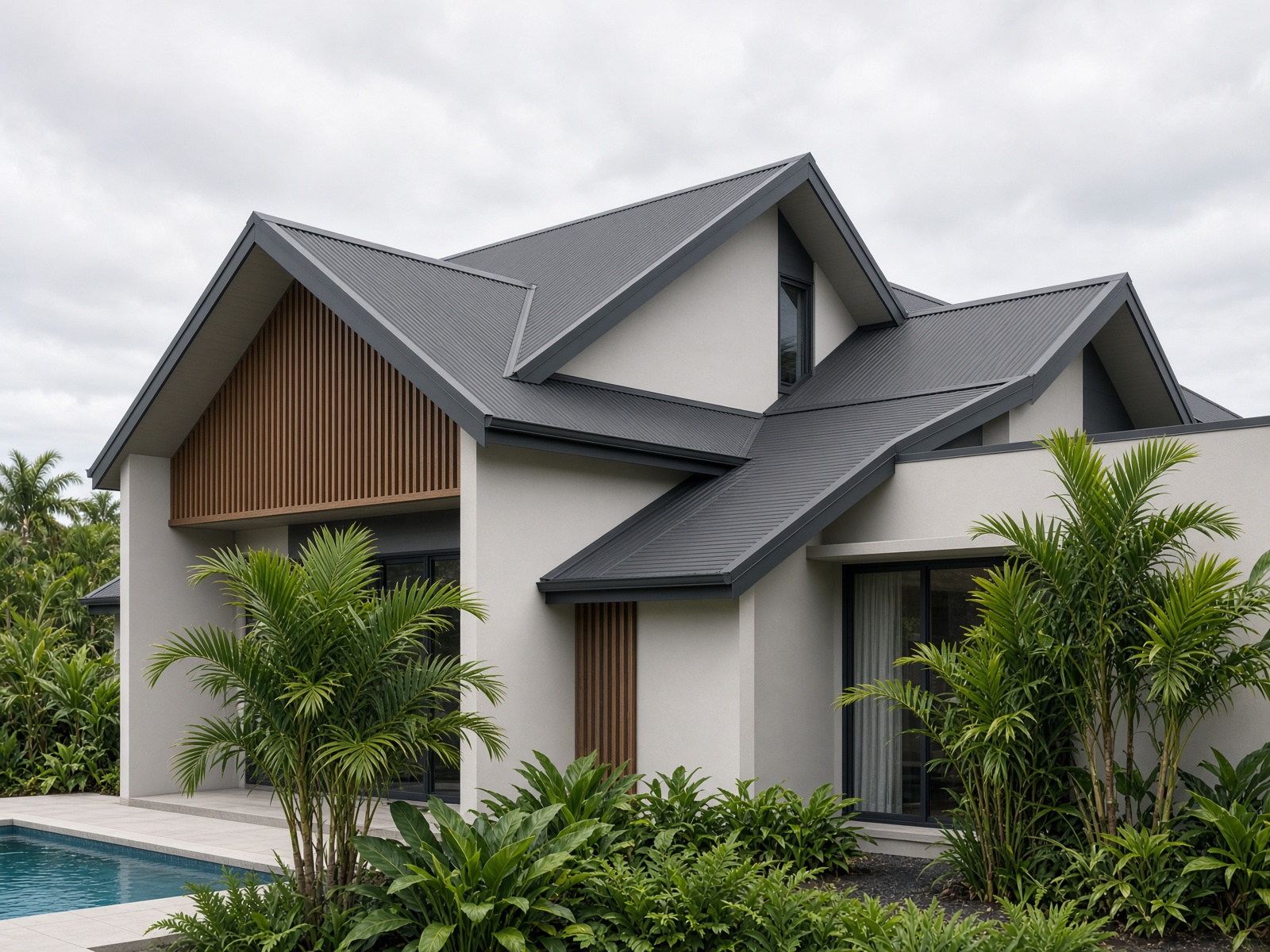 Contemporary Cairns home with a complex charcoal Colorbond roof — gables, hips and a skillion