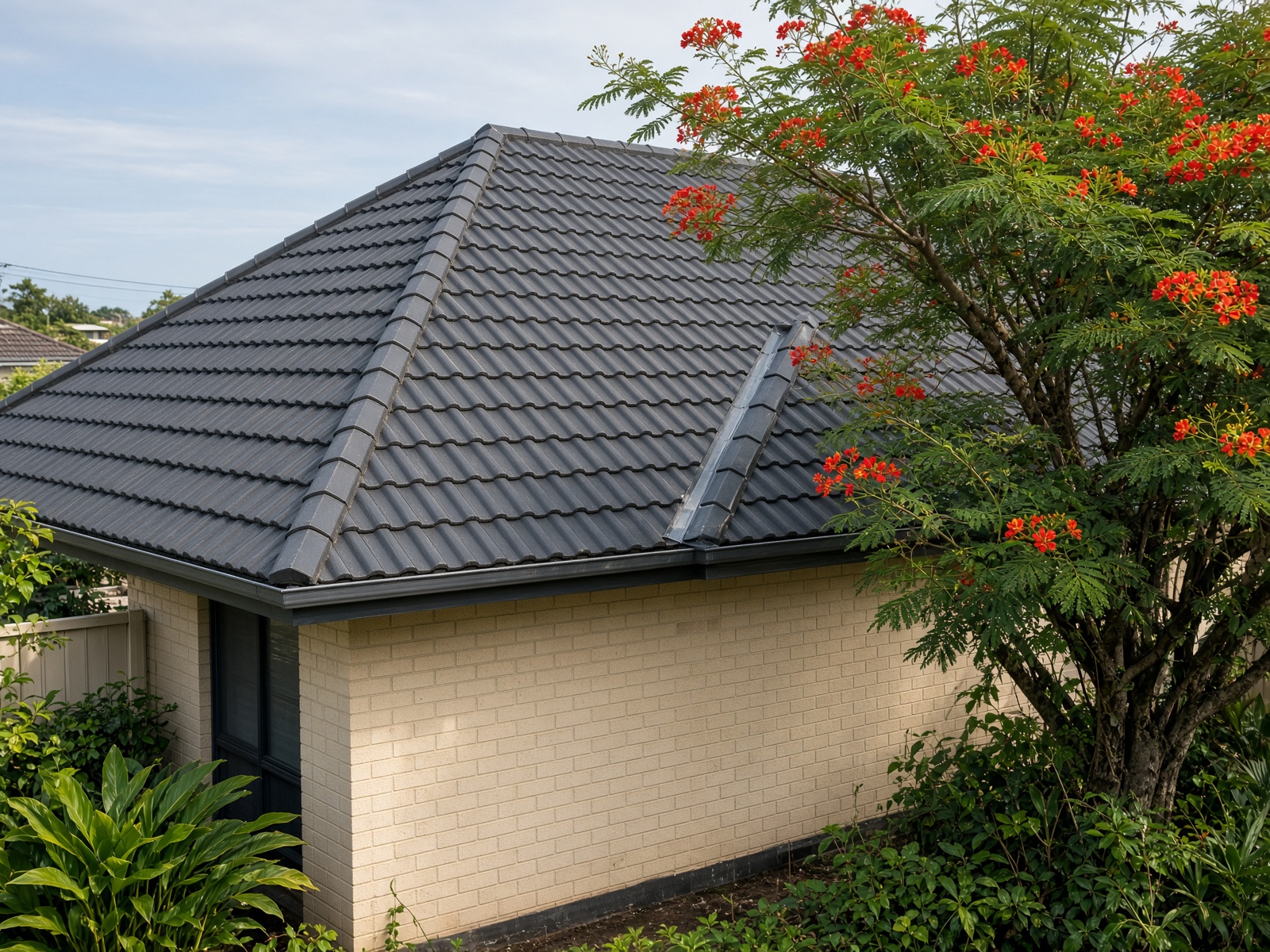 Charcoal concrete-tiled hip roof on a Queensland brick-veneer house